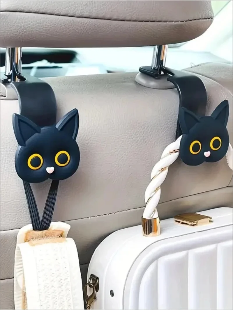 2pcs 3D Cartoon Cat Car Headrest Hooks – Cute Organizer for Bags & Coats