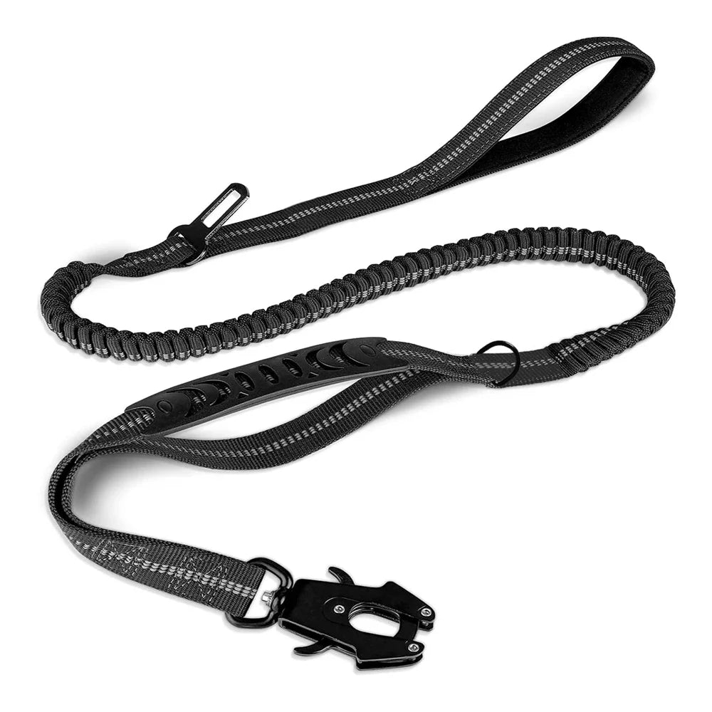 Reflective Shock-Absorbing Dog Leash – Tactical Bungee Lead with Car Seatbelt Clip for Large Dogs