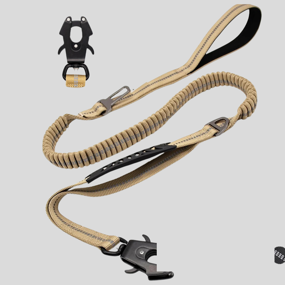Reflective Shock-Absorbing Dog Leash – Tactical Bungee Lead with Car Seatbelt Clip for Large Dogs