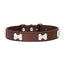 Brown leather dog collar with silver bone-shaped studs on a white background