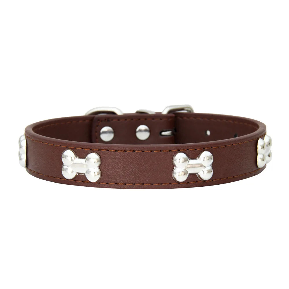 Brown leather dog collar with silver bone-shaped studs on a white background