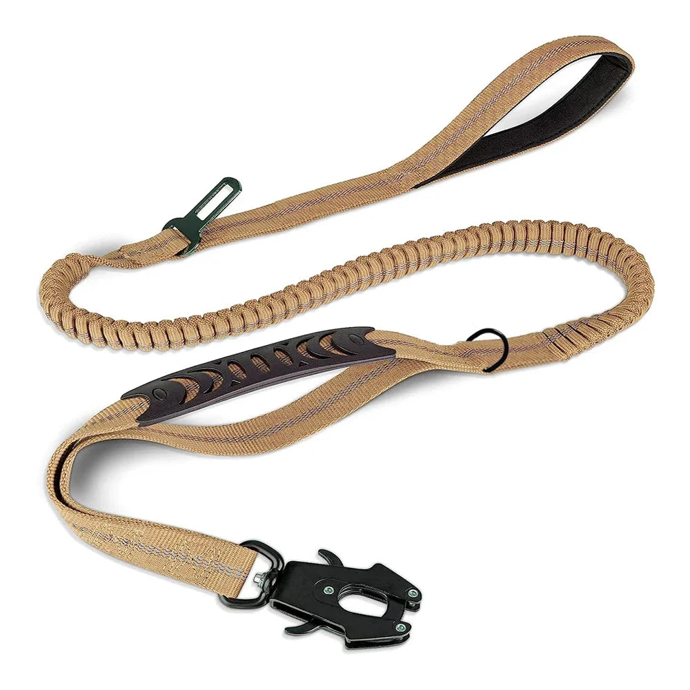 Reflective Shock-Absorbing Dog Leash – Tactical Bungee Lead with Car Seatbelt Clip for Large Dogs