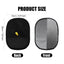Product size comparison of a black mesh screen and a black cushion with measurements on a white background.