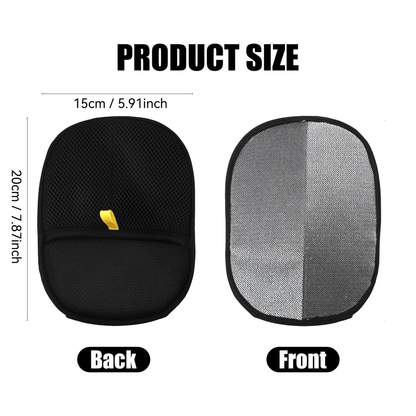 Product size comparison of a black mesh screen and a black cushion with measurements on a white background.