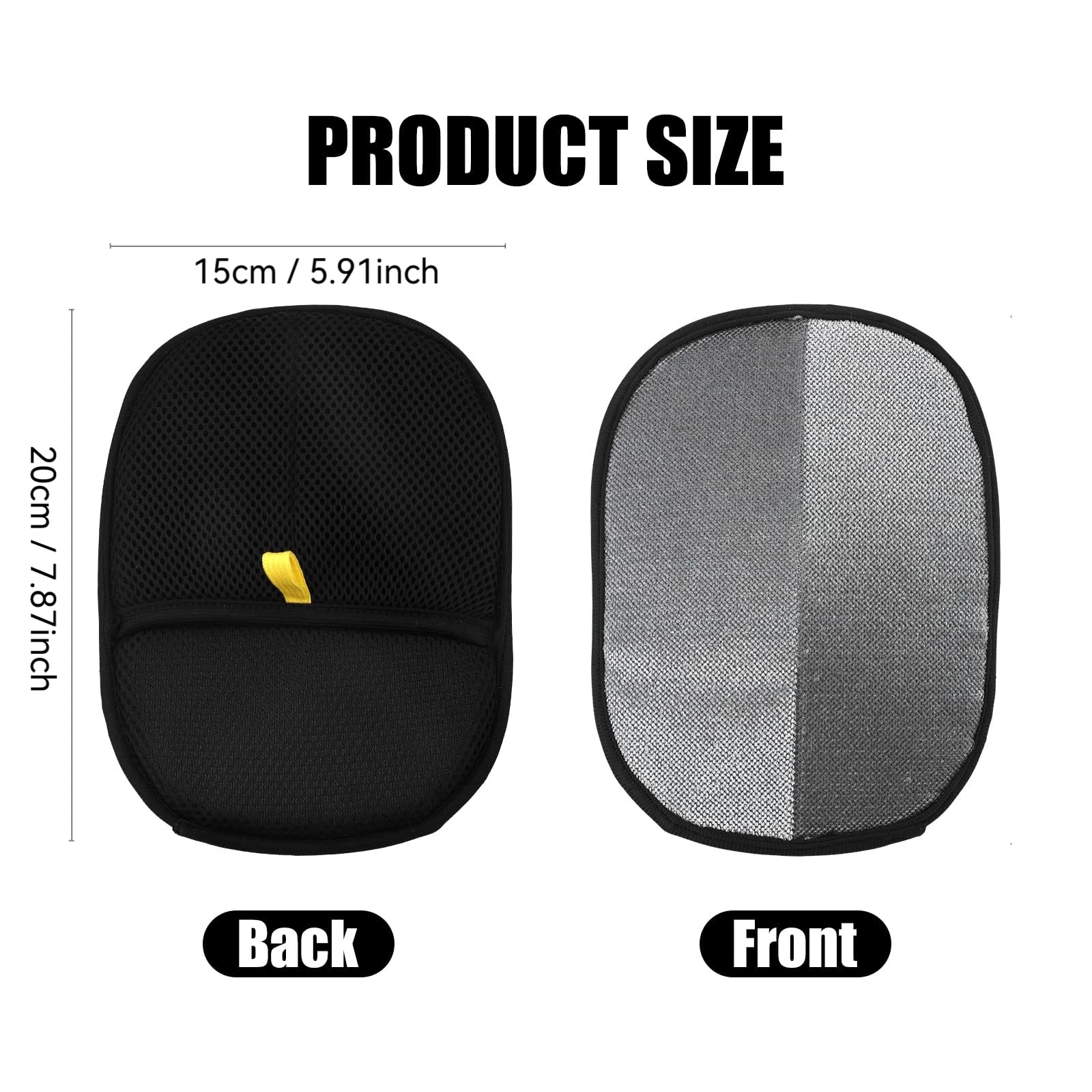 Product size comparison of a black mesh screen and a black cushion with measurements on a white background.