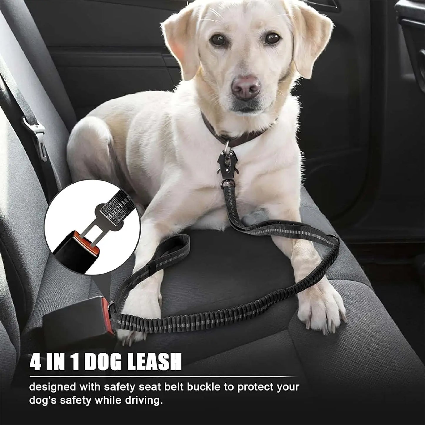 Reflective Shock-Absorbing Dog Leash – Tactical Bungee Lead with Car Seatbelt Clip for Large Dogs