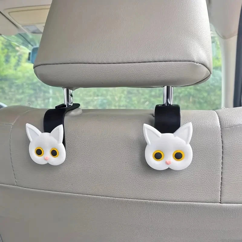 2pcs 3D Cartoon Cat Car Headrest Hooks – Cute Organizer for Bags & Coats