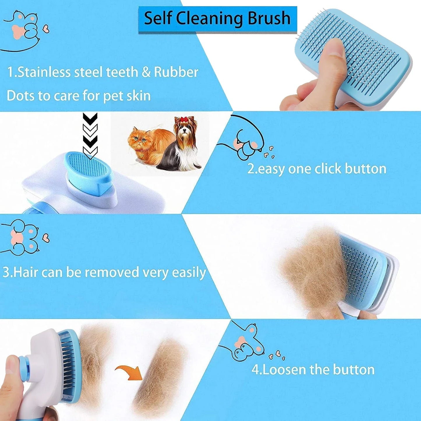Pet Grooming Brush – Hair Remover Comb for Dogs & Cats with Anti-Slip Handle & Massage Tips
