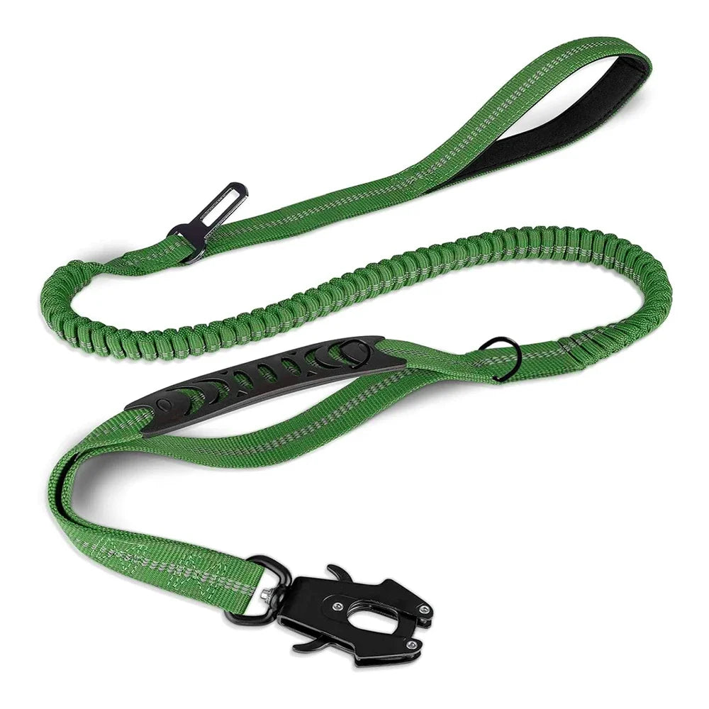 Reflective Shock-Absorbing Dog Leash – Tactical Bungee Lead with Car Seatbelt Clip for Large Dogs