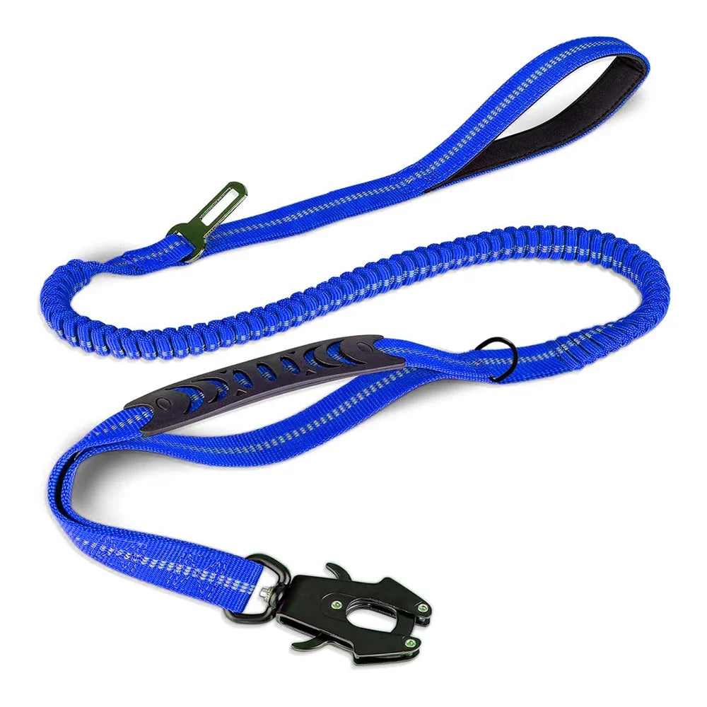 Reflective Shock-Absorbing Dog Leash – Tactical Bungee Lead with Car Seatbelt Clip for Large Dogs