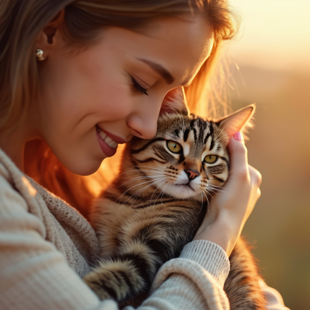 Woman holding a cat with a warm, blurred background