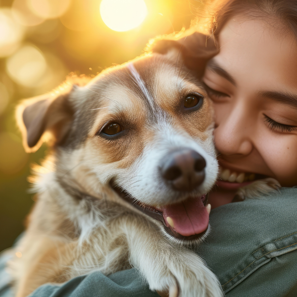 Woman hugging a happy dog with a warm, blurred background